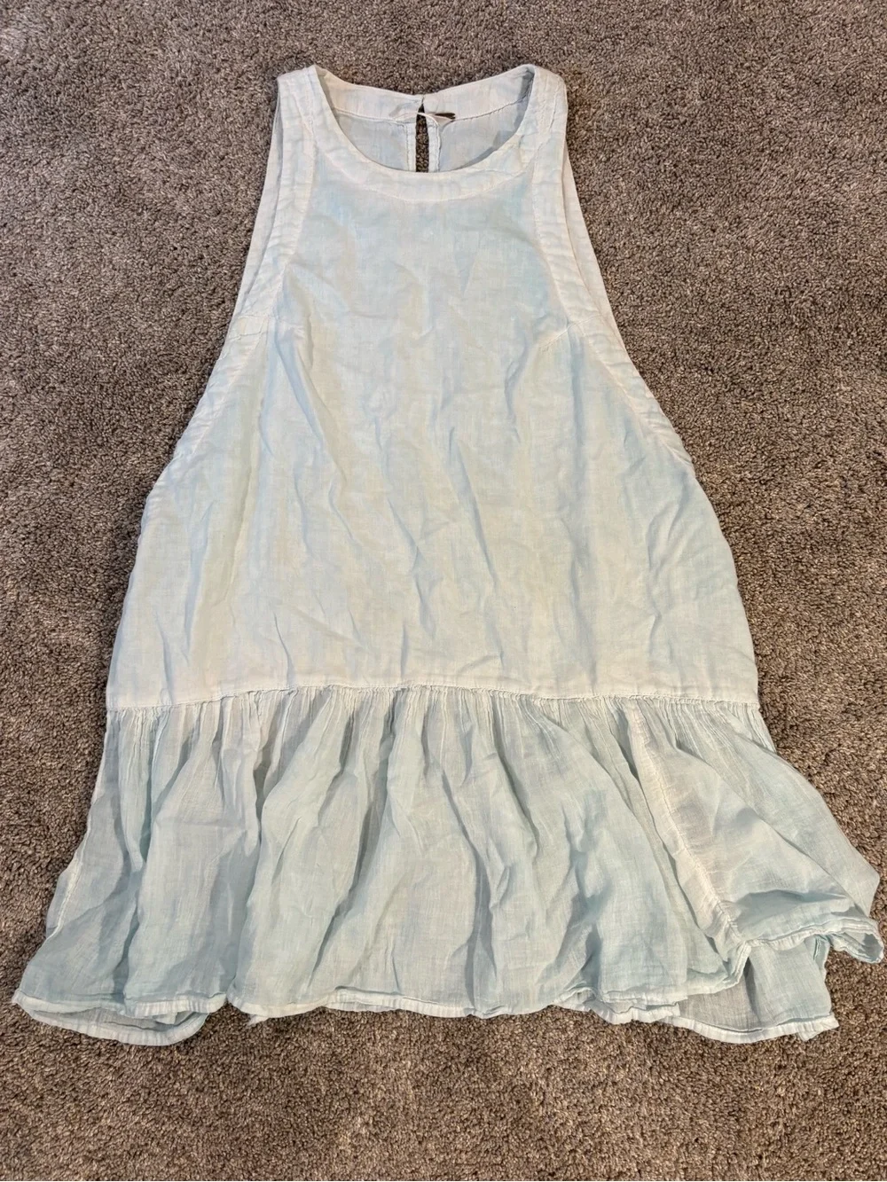 Free People Light Blue Linen Sleeveless Round Neck Mini Dress Ruffle Hem Medium